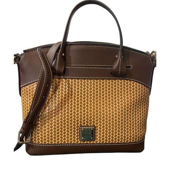 Dooney & Bourke Beacon Woven Rattan & Dark Brown Leather Domed Satchel New
